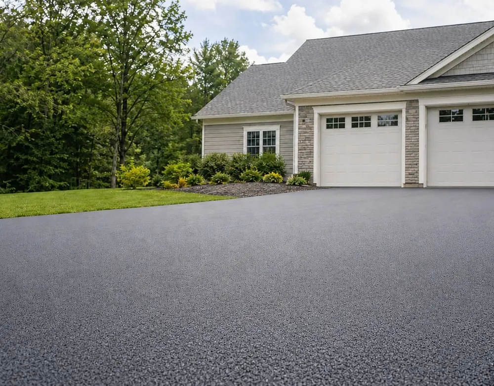 Finished concrete driveway in front of a home garage