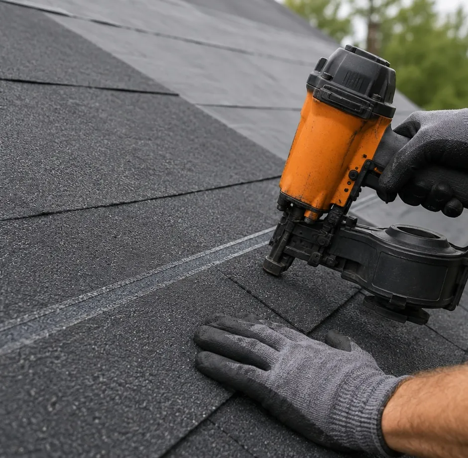 Close-up of a roofer's hands using a pneumatic nail gun to install asphalt shingles