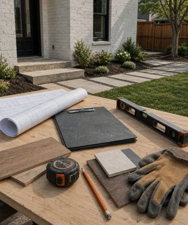Home improvement plans, material samples, level, and work gloves on an outdoor work table